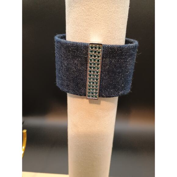 Swarovski Blue And Silver Toned Crystal Bar Stylish Blue Denim Cuff Bracelet - Picture 1 of 14
